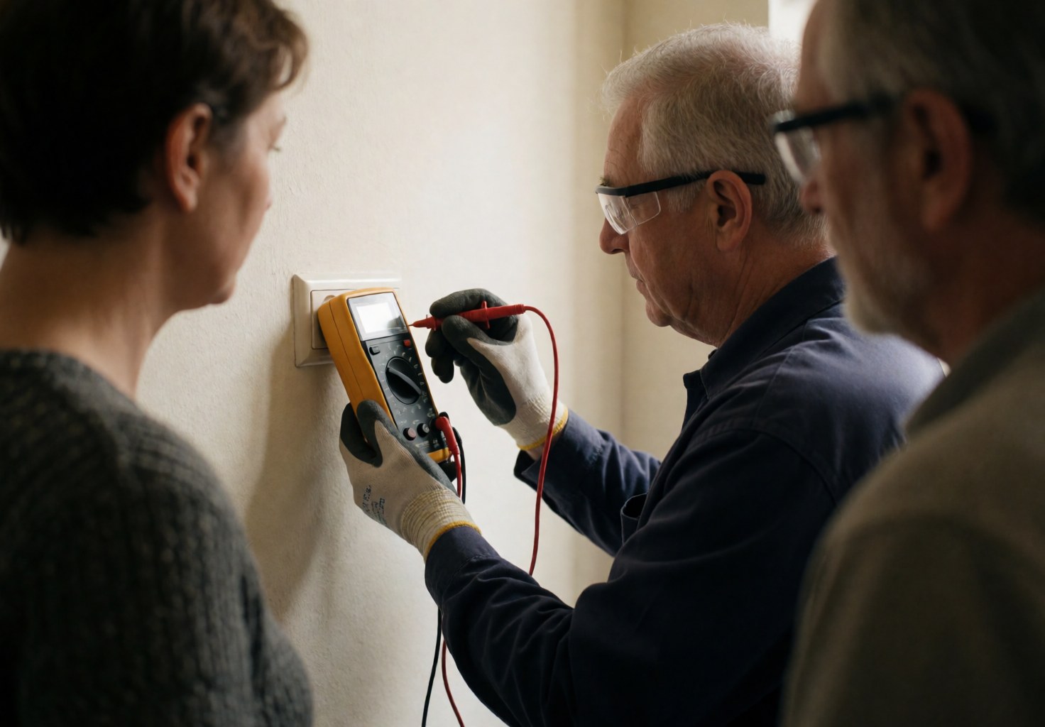 Électricien équipé de lunettes et gants isolants teste une prise avec un multimètre pendant qu'un client observe attentivement dans un intérieur professionnel.