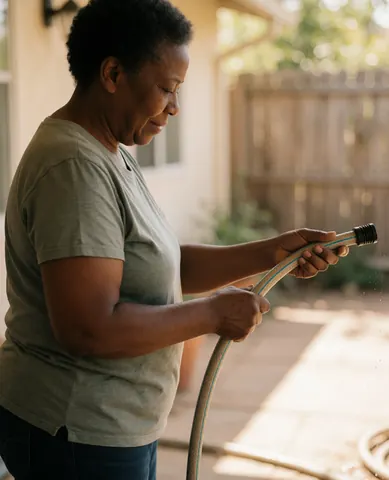 Une femme souriante tient un tuyau d'arrosage vert dans son patio ensoleillé, vérifiant l'eau qui coule pour l'entretien de son espace extérieur.