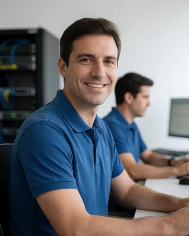 Un professionnel de l'informatique sourit devant son poste de travail équipé d'un écran et de matériel technique dans un environnement de bureau moderne.