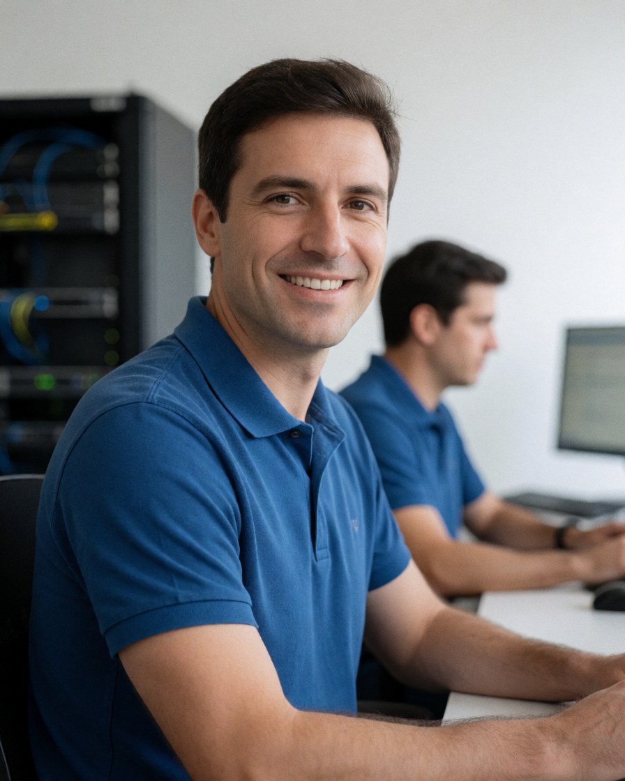 Un professionnel de l'informatique sourit devant son poste de travail équipé d'un écran et de matériel technique dans un environnement de bureau moderne.