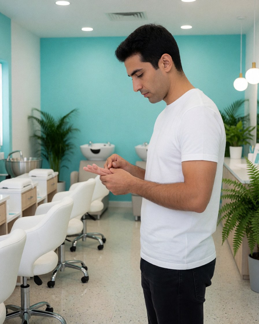 Intérieur d'un salon de manucerie moderne avec murs turquoise, sol brillant, plantes vertes et équipements professionnels disposés avec ordre.