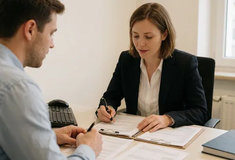 Une comptable et un client consultent ensemble des papiers sur un bureau. La professionnelle note des informations tandis que le client observe attentivement, illustrant un service personnalisé.