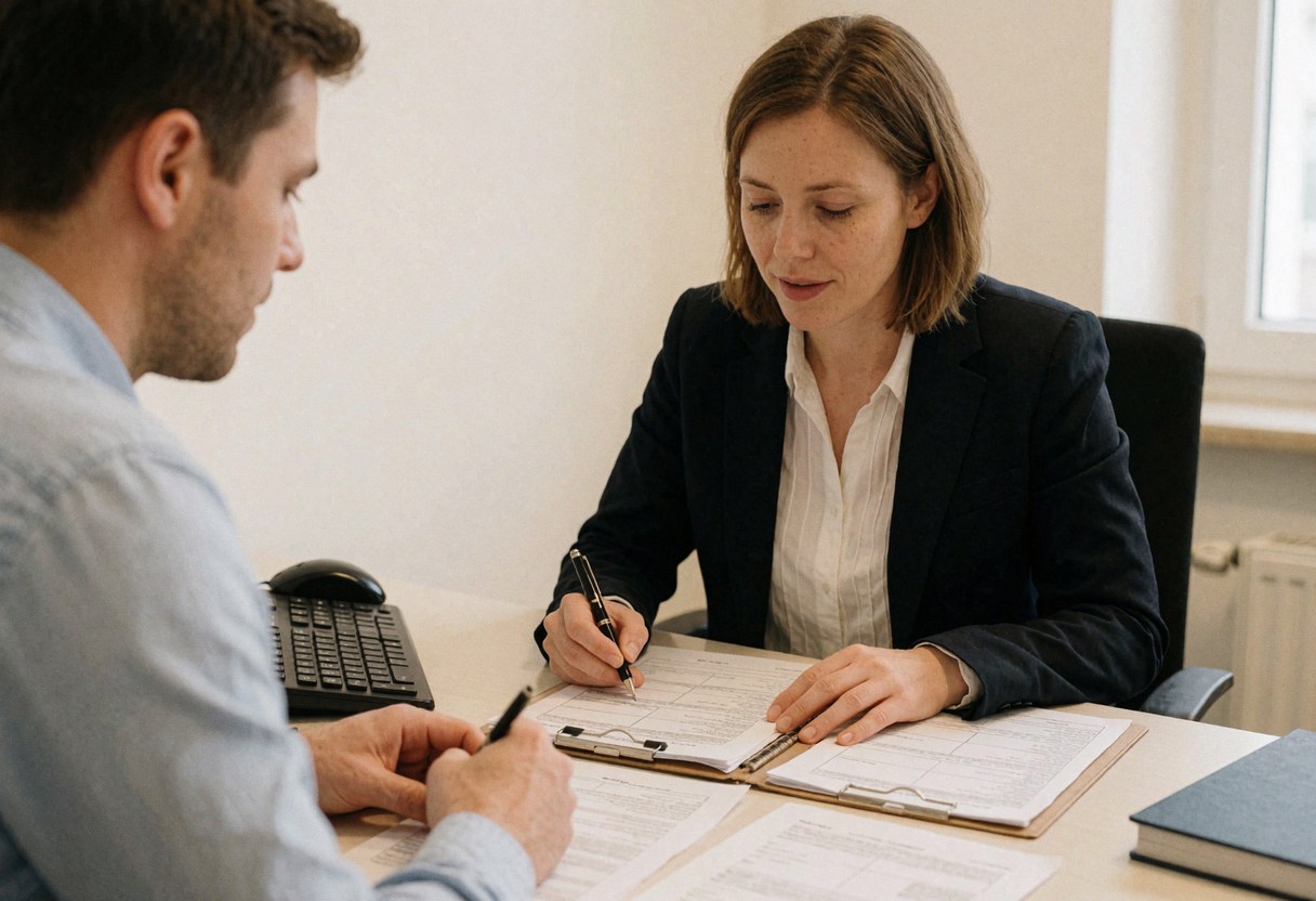 Une comptable et un client consultent ensemble des papiers sur un bureau. La professionnelle note des informations tandis que le client observe attentivement, illustrant un service personnalisé.