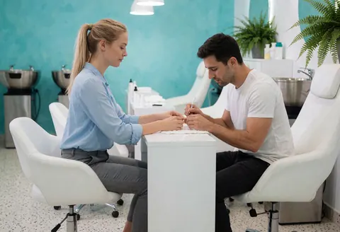 Une femme reçoit une manucure d'une esthéticienne dans un salon lumineux avec des murs turquoise, des plantes et du mobilier blanc.