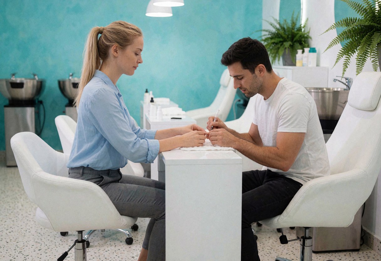 Une femme reçoit une manucure d'une esthéticienne dans un salon lumineux avec des murs turquoise, des plantes et du mobilier blanc.