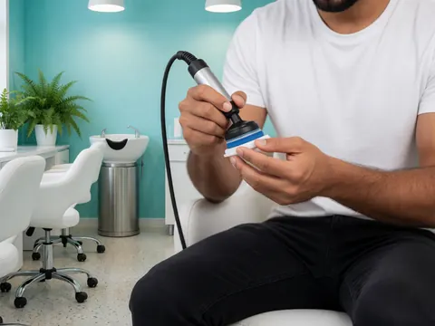 Gros plan montrant les détails d'une manicure avec des outils professionnels posés à côté d'une main soignée dans un salon propre.