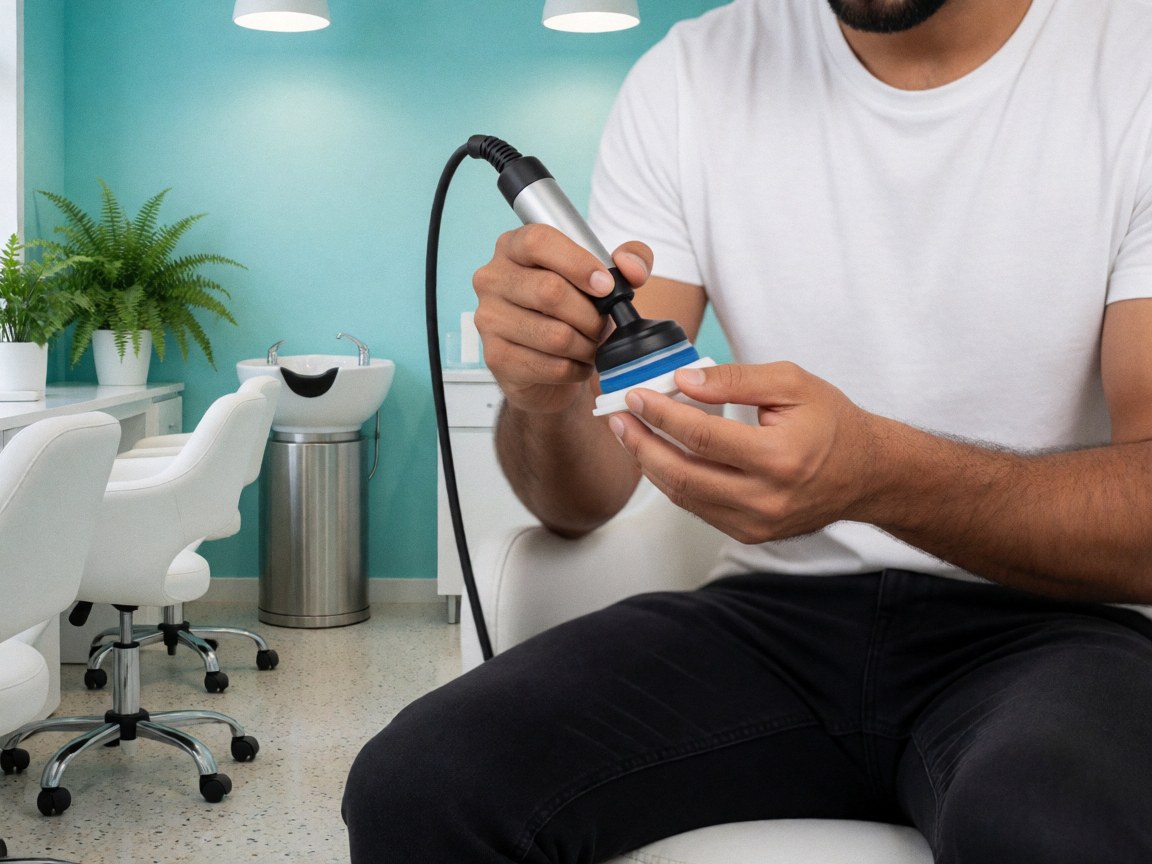 Gros plan montrant les détails d'une manicure avec des outils professionnels posés à côté d'une main soignée dans un salon propre.