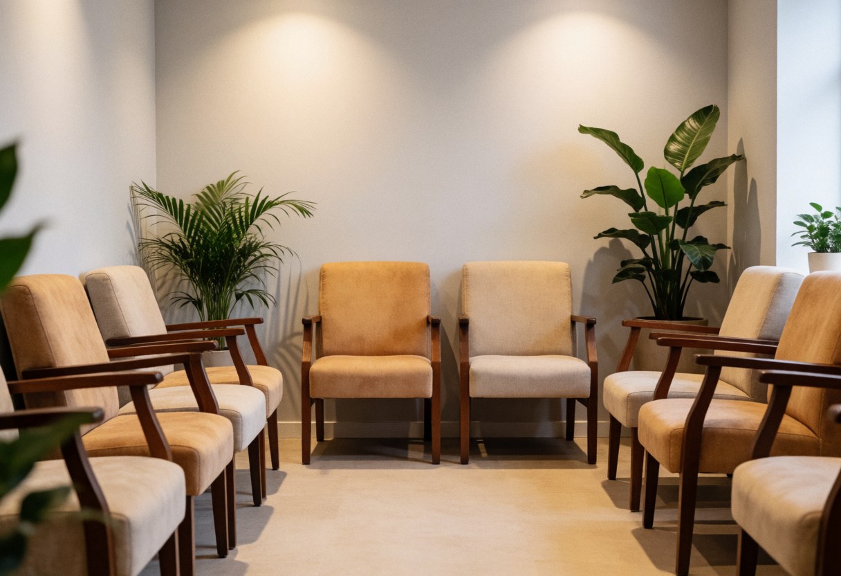 Intérieur d'une salle d'attente de spa apaisant, comprenant des chaises confortables, des plantes vertes, des murs gris et une lumière chaude.