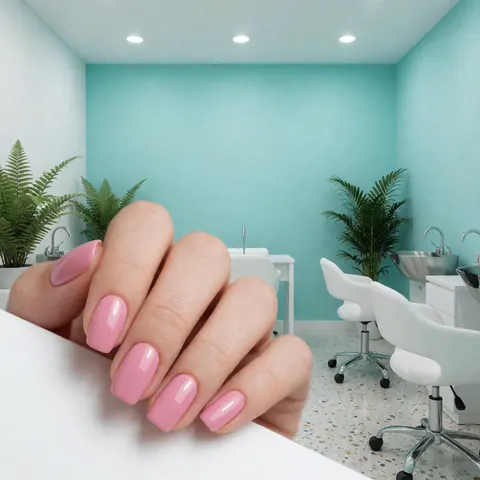 Mains soignées avec des ongles roses brillants posées sur une surface en bois, dans un salon de manucure lumineux aux murs blancs et aux plantes vertes.