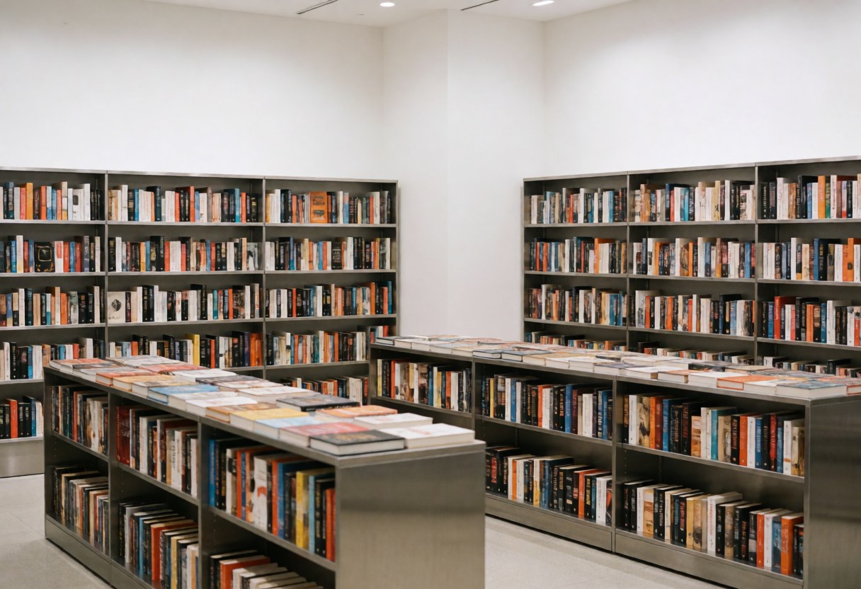 Vue intérieure d'une librairie contemporaine dotée d'étagères métalliques, de murs blancs et de livres disposés géométriquement sous un éclairage vif.