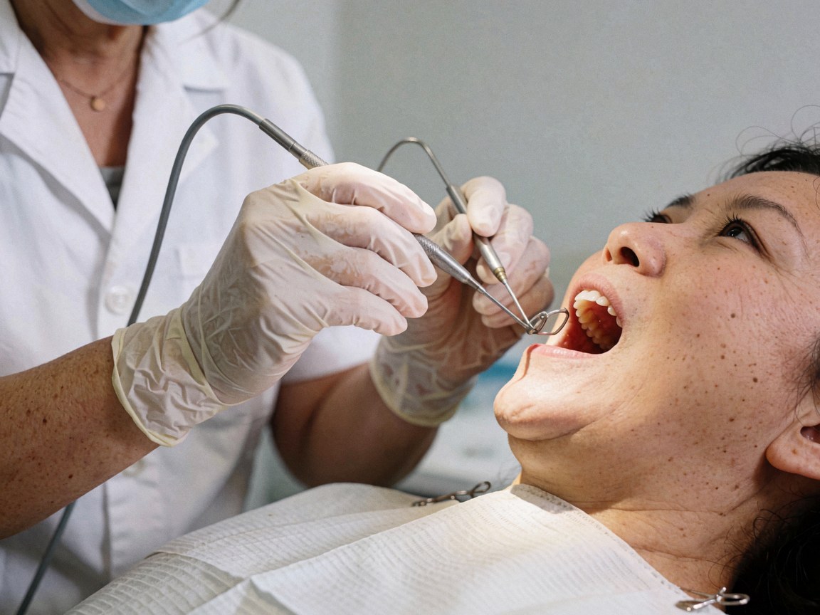Un dentiste effectue un examen dentaire de routine sur un patient allongé dans le fauteuil, utilisant des outils professionnels.