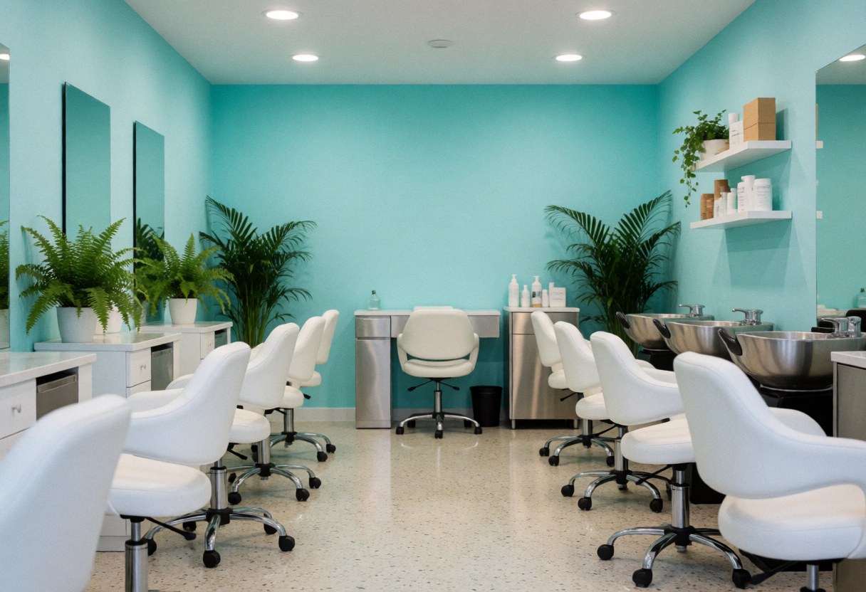Vue intérieure d'un salon de coiffure moderne et vide, avec des miroirs, des fauteuils, un sol en terrazzo et des plantes.