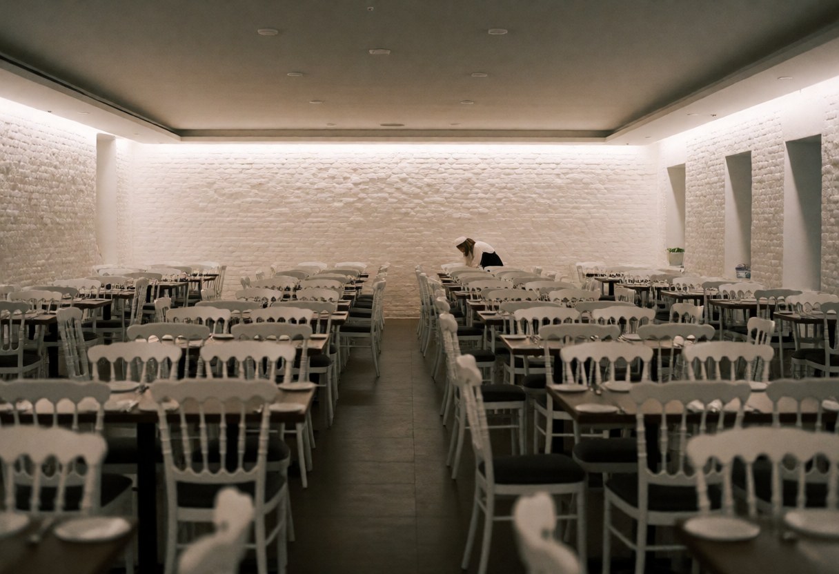 Salle d'événements spacieuse équipée de tables et chaises blanches, murs en briques peintes en blanc et éclairage doux. Une personne travaille au fond.