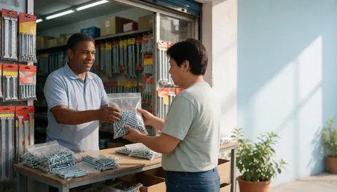 Un employé d'un magasin de bricolage remet un sac de vis à un client devant l'entrée, avec des outils visibles en arrière-plan sous une lumière naturelle.