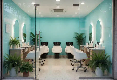 Entrée accueillante d'un salon de beauté moderne avec des miroirs, des chaises, des plantes et des couleurs turquoise et blanches.