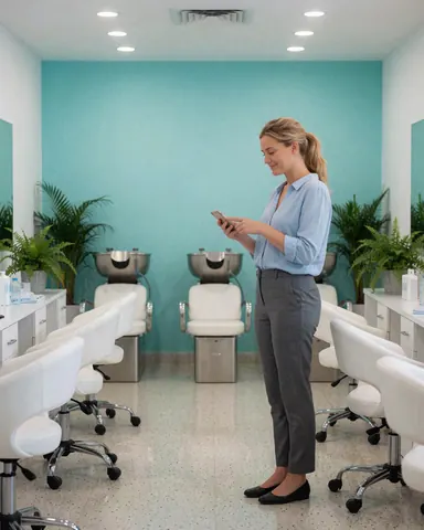 Une femme souriante assise dans un salon de beauté avec des murs turquoise et des plantes vertes, après une séance de soins des ongles.