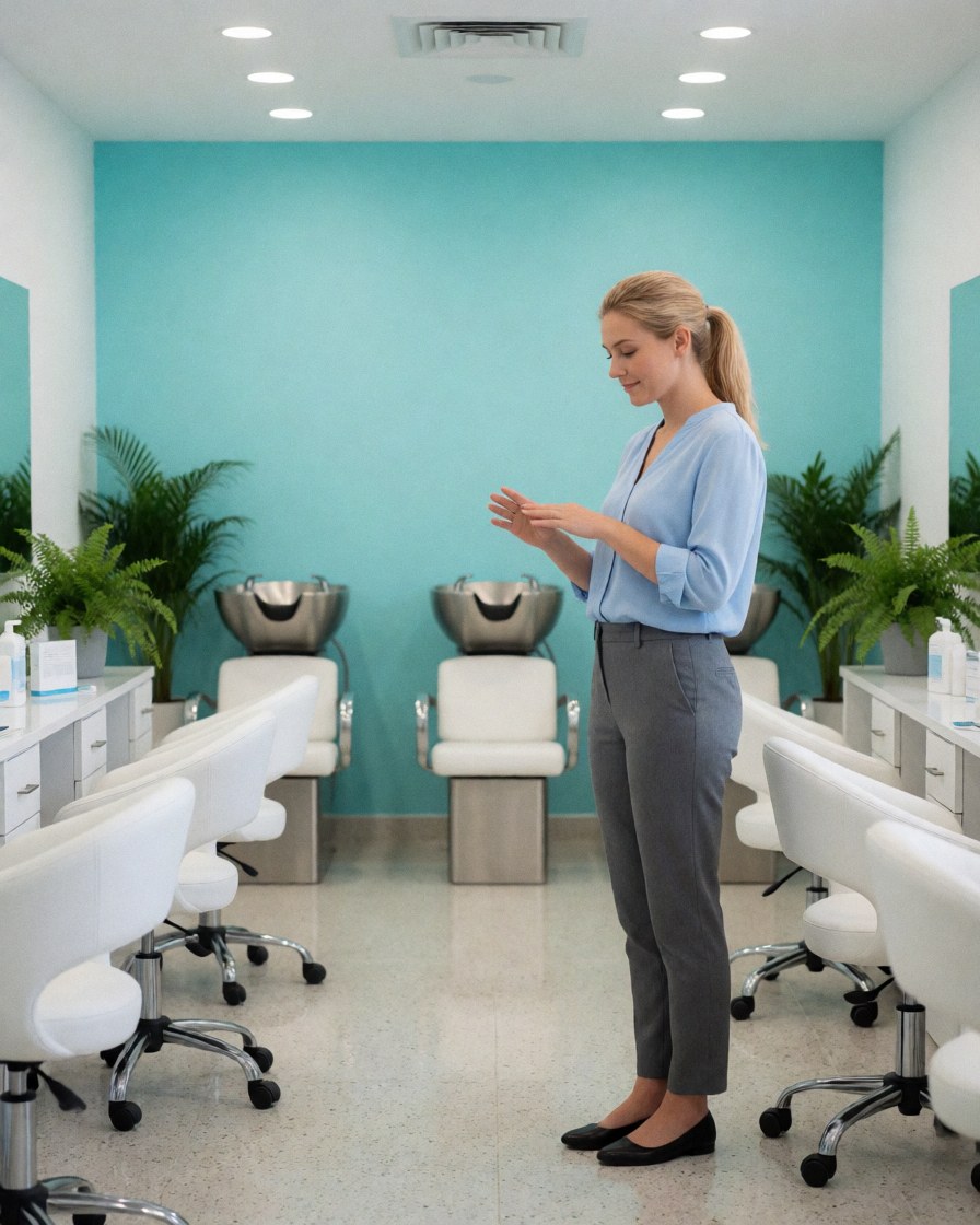 Une femme souriante assise dans un salon de beauté avec des murs turquoise et des plantes vertes, après une séance de soins des ongles.