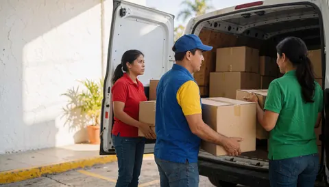 Trois ouvriers chargent des boîtes en carton à l'arrière d'une camionnette blanche dans un patio de livraison.