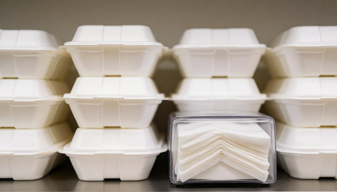 Arrière-plan flou de boîtes de repas et distributeur de serviettes, adapté pour textes et publicités en restauration.