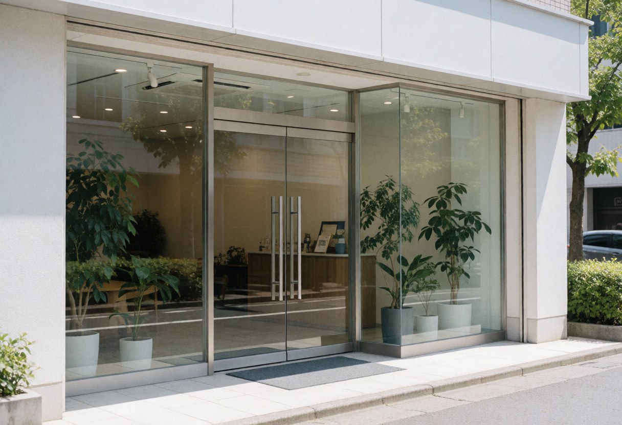 Façade vitrée d'un bureau de conseil contemporain, intérieur lumineux agrémenté de végétation verte, évoquant un espace professionnel accueillant et transparent.