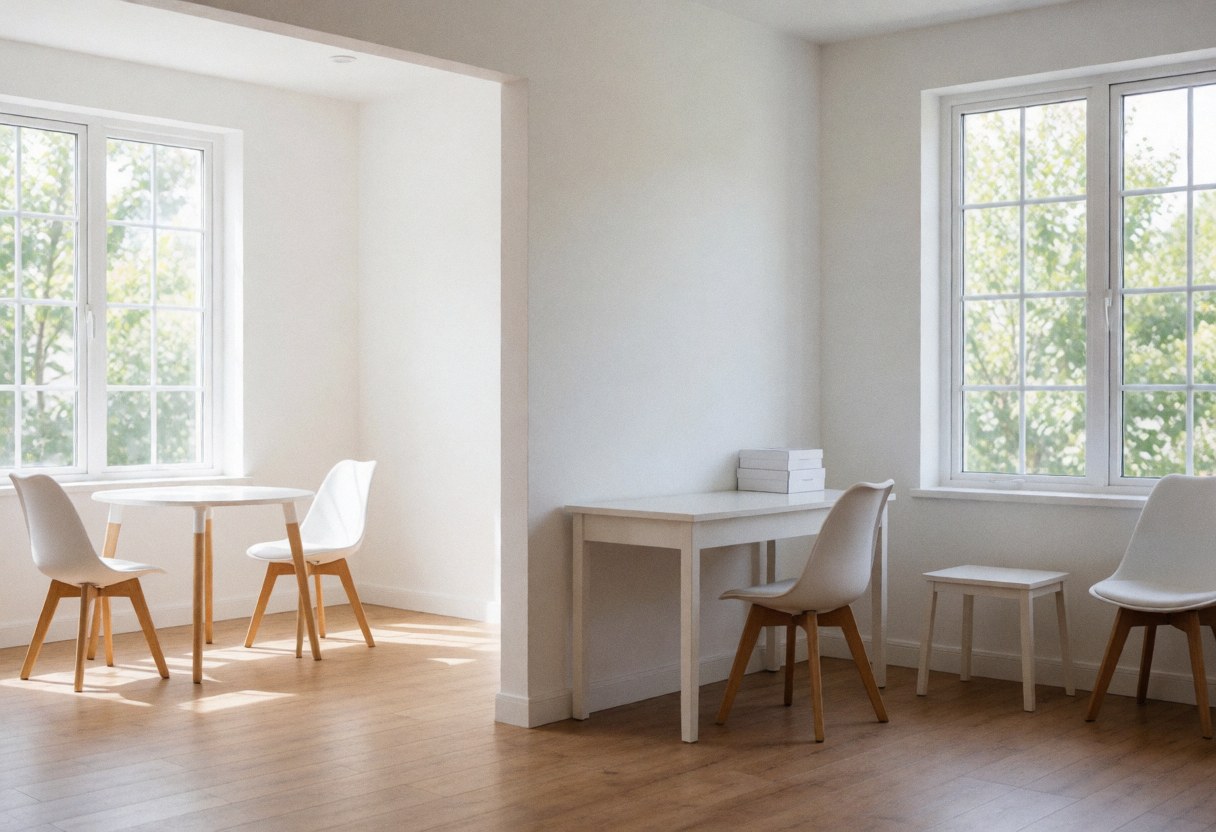 Vue intérieure d'un espace de soin large et épuré, baigné de lumière naturelle, avec mobilier minimaliste en bois et blanc.