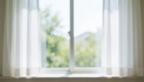 Vue d'une fenêtre laissant entrer la lumière naturelle dans un intérieur de clinique dentaire avec des rideaux blancs, évoquant calme et professionnalisme.