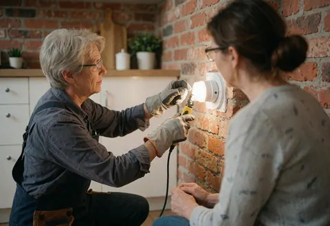 Une électricienne professionnelle fixe un luminaire sur un mur de briques pendant qu'une cliente observe attentivement l'intervention.