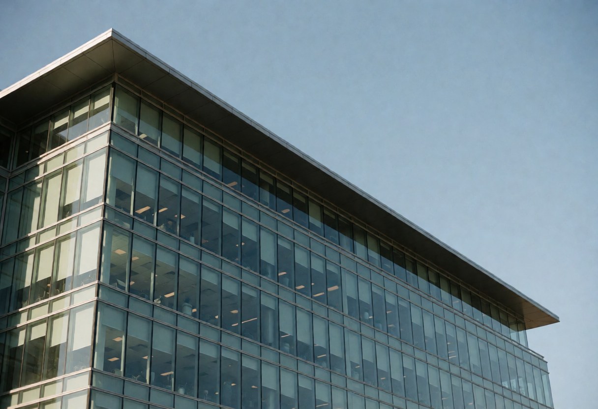 Immeuble de bureaux contemporain avec une façade vitrée transparente se détachant sur un ciel bleu clair et lumineux.
