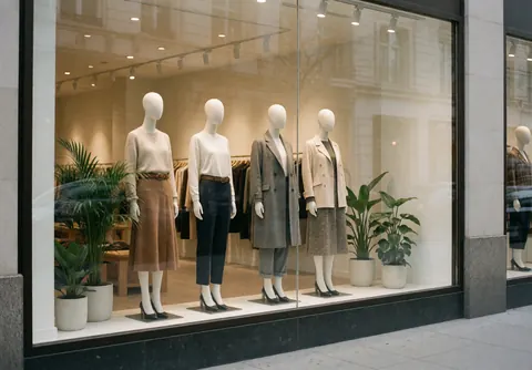 Façade de boutique de mode présentant des mannequins vêtus, des plantes vertes et une lumière douce créant une ambiance calme et professionnelle.