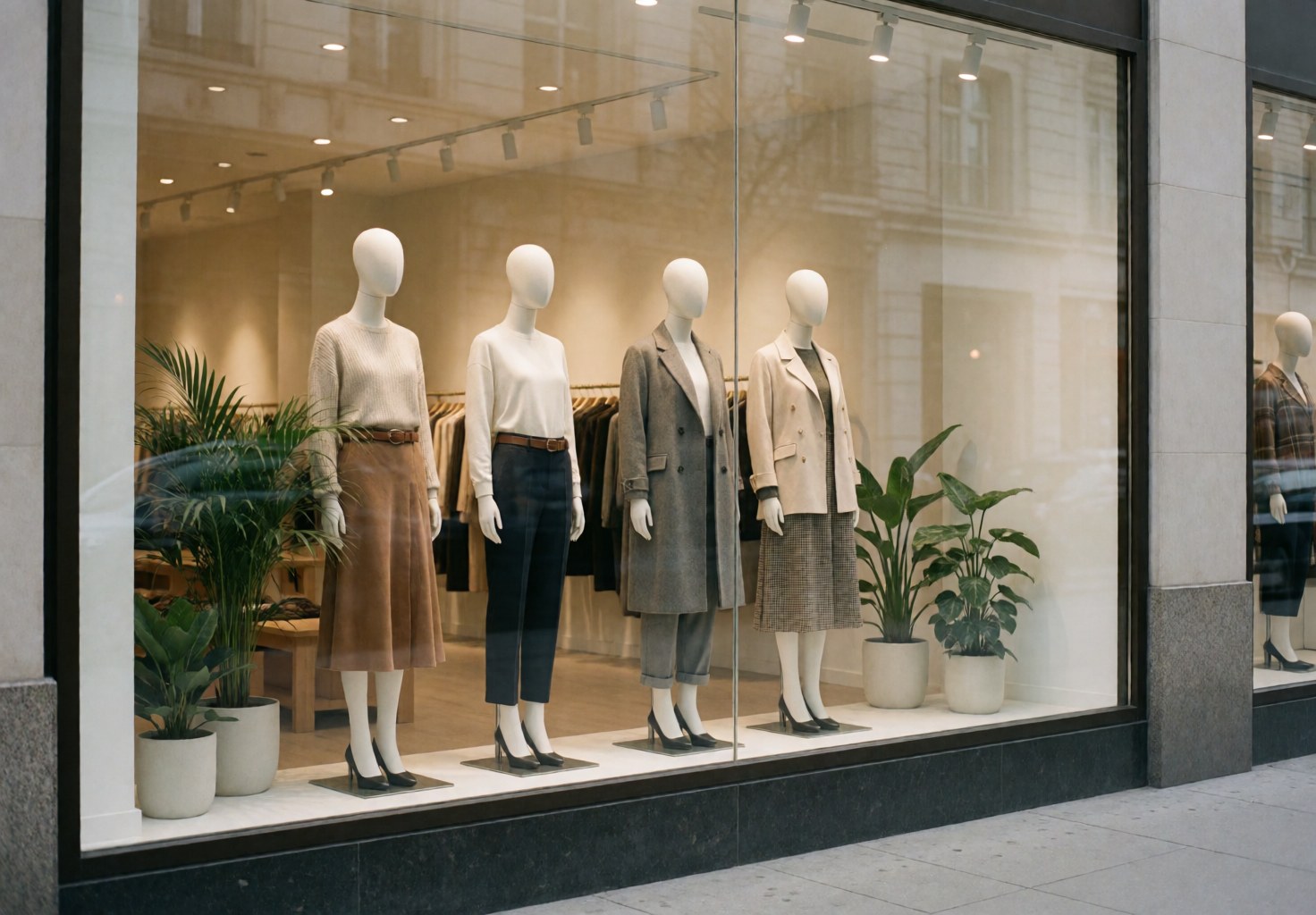 Façade de boutique de mode présentant des mannequins vêtus, des plantes vertes et une lumière douce créant une ambiance calme et professionnelle.