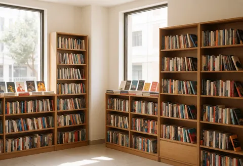 Intérieur d'une librairie présentant des étagères en bois chargées de livres, baignées de lumière naturelle entrant par les fenêtres, créant une ambiance propre et accueillante.