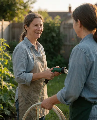 Une femme portant un tablier tient une tuyau d'arrosage dans un jardin en extérieur avec un fond flou et des lumières dorées.