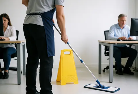 Un employé effectue le nettoyage des sols dans un environnement de bureau avec un trapeau.