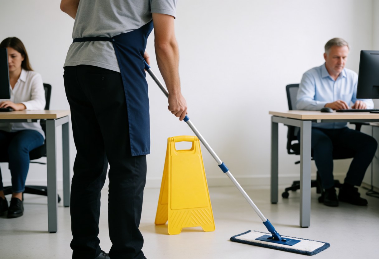 Un employé effectue le nettoyage des sols dans un environnement de bureau avec un trapeau.