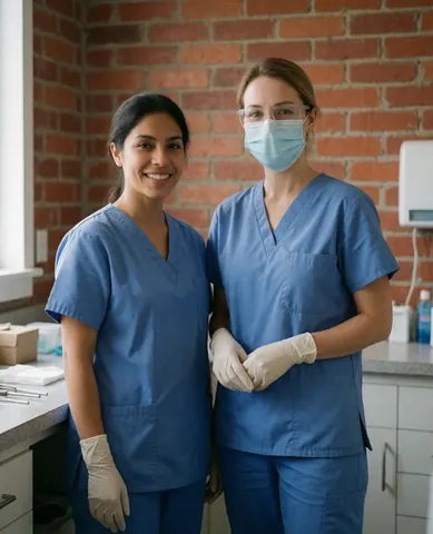 Deux assistantes dentaires souriantes en uniformes et gants bleus, debout dans une salle de stérilisation avec un mur en briques, dans un environnement propre et professionnel.