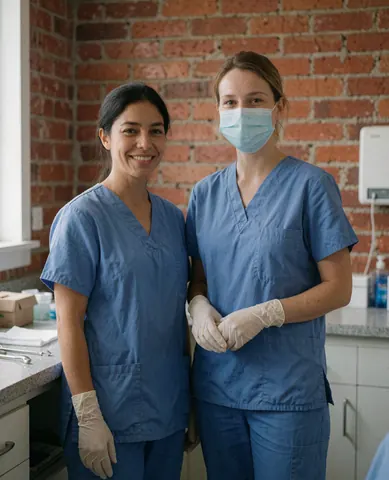 Deux assistantes dentaires souriantes en uniformes et gants bleus, debout dans une salle de stérilisation avec un mur en briques, dans un environnement propre et professionnel.
