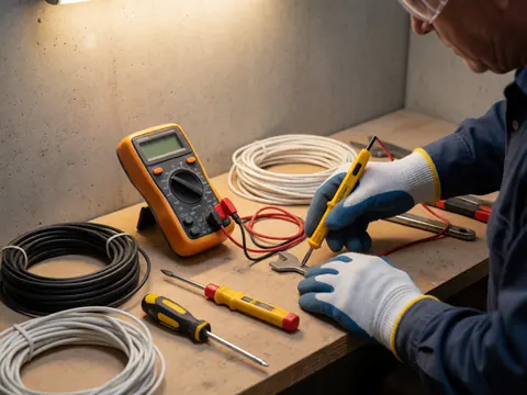 Électricien portant gants et lunettes de sécurité travaillant avec des outils électriques sur un établi en bois, câbles et multimètre sous lumière chaude.