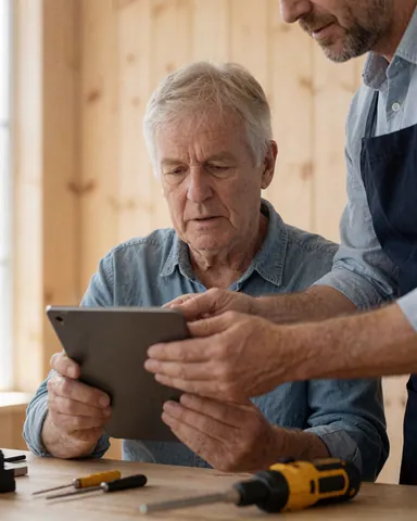 Un technicien IT professionnel aide un client âgé à utiliser une tablette numérique sur un bureau en bois dans un environnement de travail lumineux et réaliste.