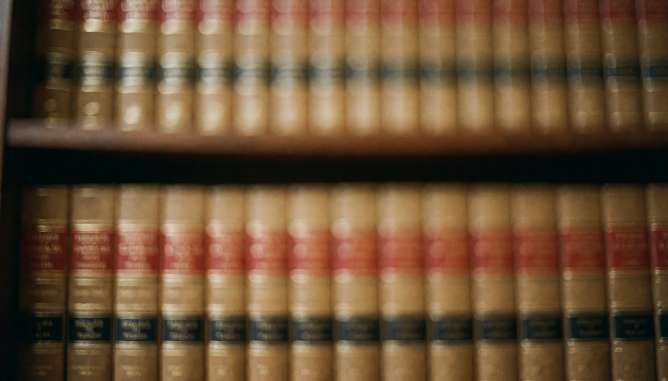 Arrière-plan composé de livres de droit sur une étagère aux tons chauds, idéal pour les avocats et cabinets juridiques. Espace pour texte superposé en haut.