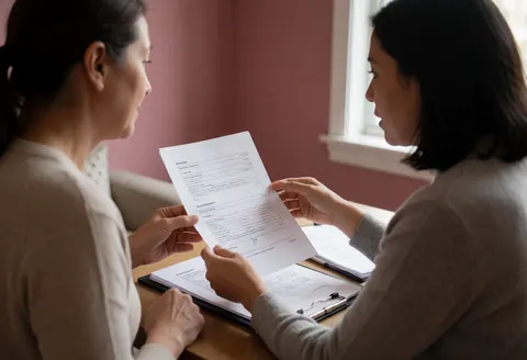 Une comptable et sa cliente consultent ensemble des papiers sur une table dans un bureau lumineux aux murs rosés, créant une ambiance professionnelle.