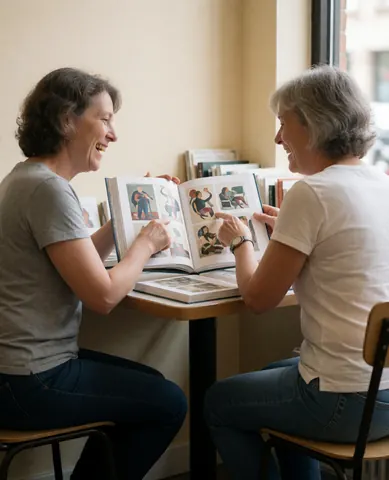 Deux femmes âgées sourient en regardant un livre d'art ouvert sur une table en bois dans une librairie aux murs beige et à la lumière naturelle.