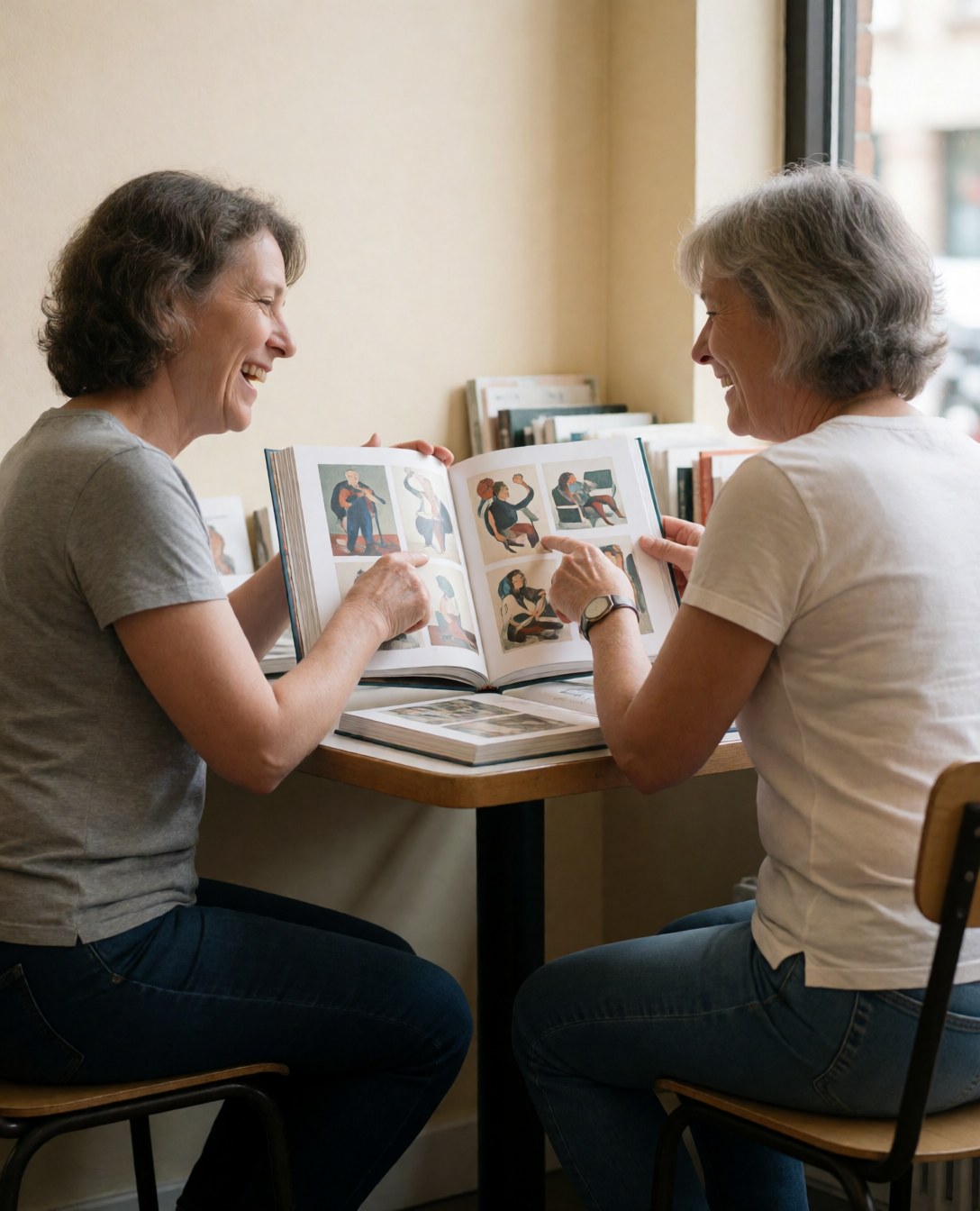 Deux femmes âgées sourient en regardant un livre d'art ouvert sur une table en bois dans une librairie aux murs beige et à la lumière naturelle.