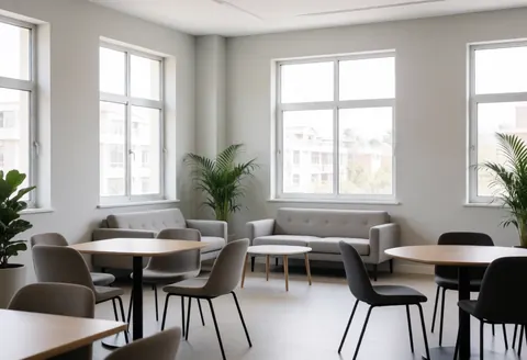 Espace de coworking vide avec mobilier contemporain, plantes vertes et grandes fenêtres laissant entrer la lumière naturelle, créant une ambiance calme et professionnelle.