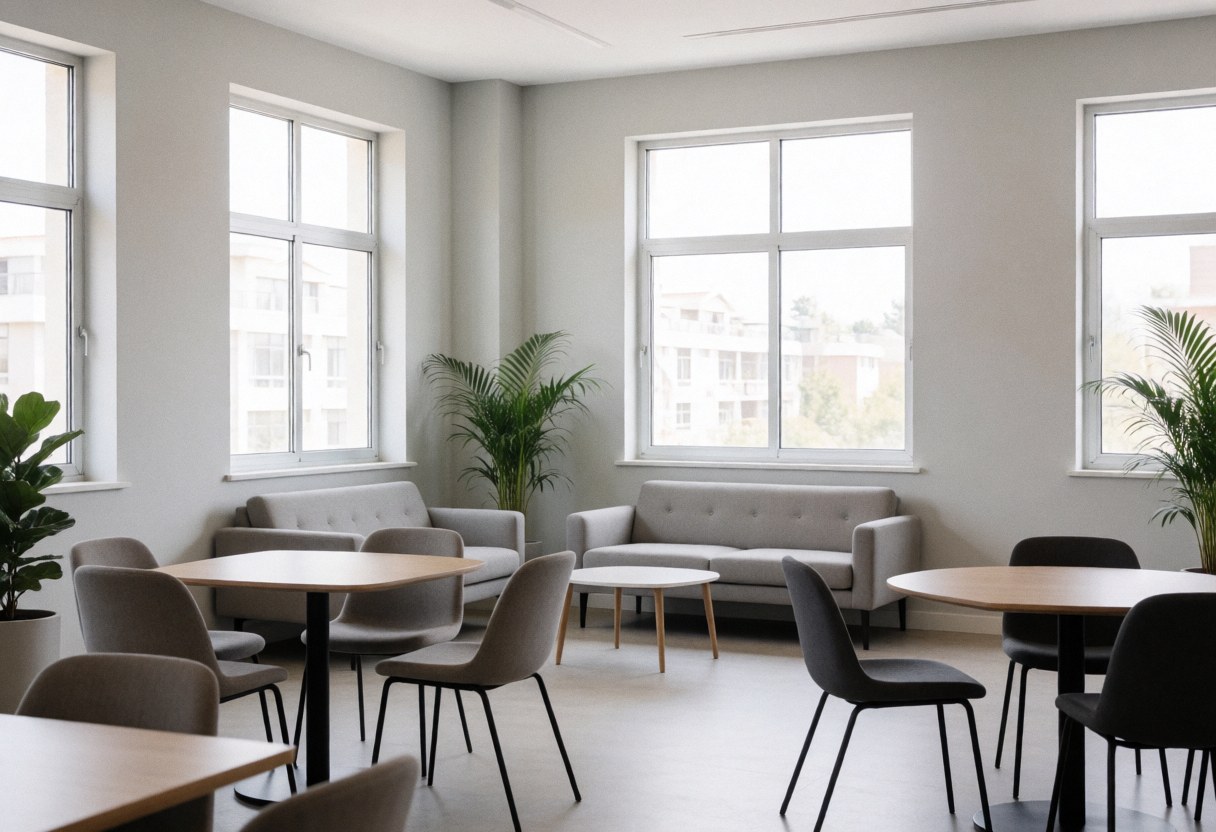 Espace de coworking vide avec mobilier contemporain, plantes vertes et grandes fenêtres laissant entrer la lumière naturelle, créant une ambiance calme et professionnelle.