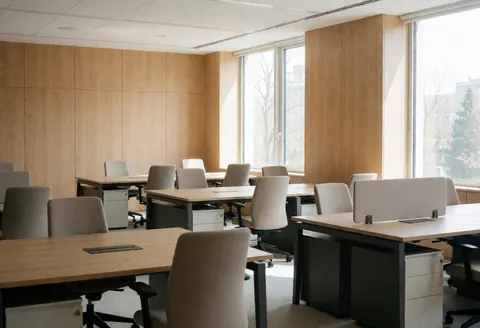 Espace de travail moderne et vide composé de tables et chaises en bois, éclairé par de grandes fenêtres, adapté à la consultation professionnelle.