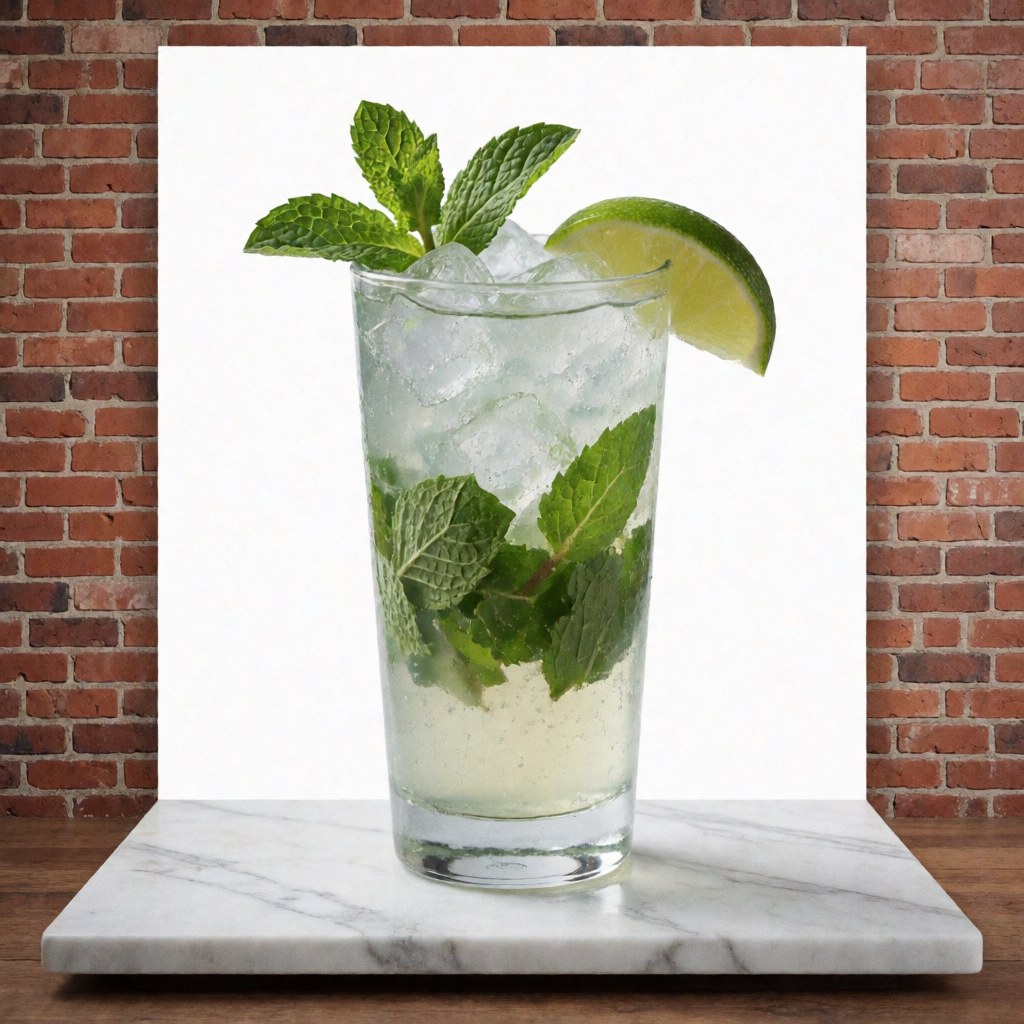 Mojito classique dans un grand verre avec de la glace, de la menthe fraîche et une tranche de citron vert sur une base en marbre blanc, fond de mur en briques rouges, éclairage lumineux et propre.