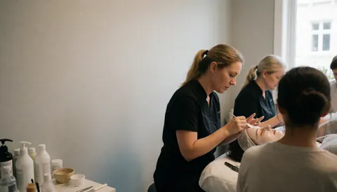 Vue intérieure large d'un espace de soins esthétiques moderne avec table de traitement et équipements.