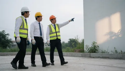 Trois ingénieurs marchant sur un chantier, l'un pointant vers l'horizon, tous portant des casques et gilets de sécurité, fond blanc et végétation.