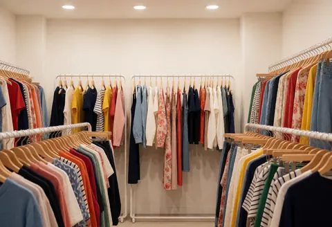 Couloir propre et organisé d'une boutique de vêtements avec des cintres chargés de vêtements colorés, un éclairage lumineux et des murs blancs chauds.