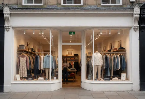 Vue de la devanture et de l'intérieur d'une boutique avec vitrine, mannequins, clients et éclairage chaleureux.